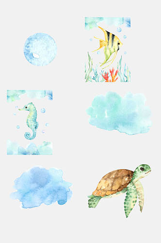 乌龟水彩海洋动植物免抠素材