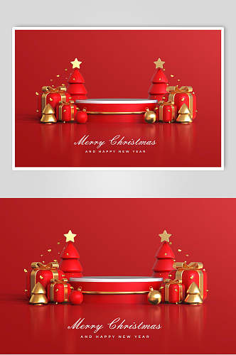 对称金星星立体红色圣诞节海报