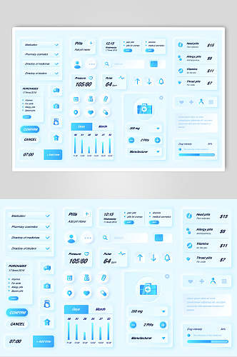 蓝色简约商务医疗轻拟物组件矢量素材