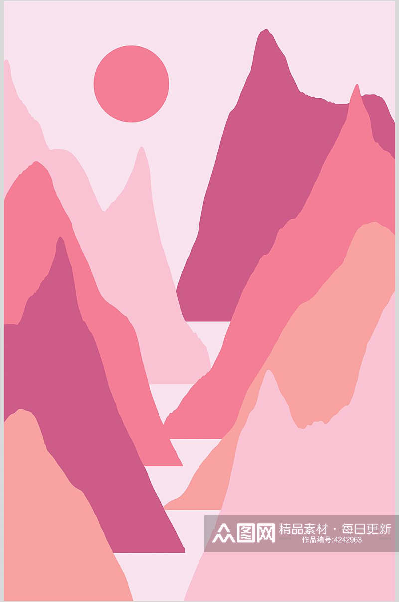 山峰粉色太阳抽象手绘图画矢量素材素材