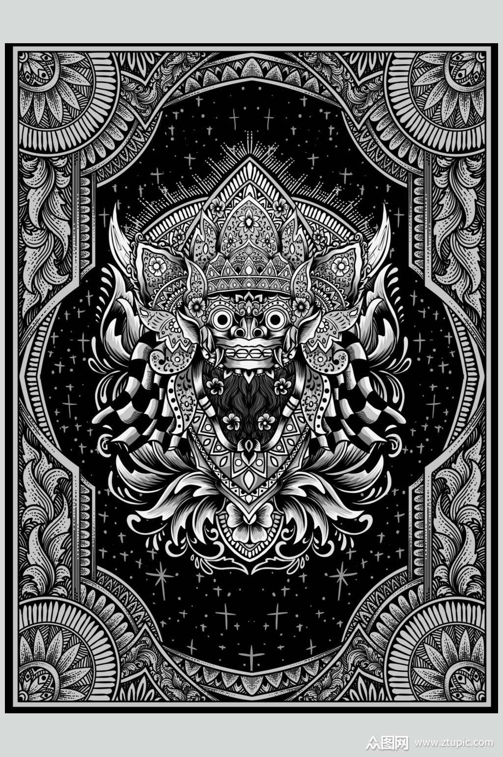 线条简约黑白复古装饰绘画矢量素材素材