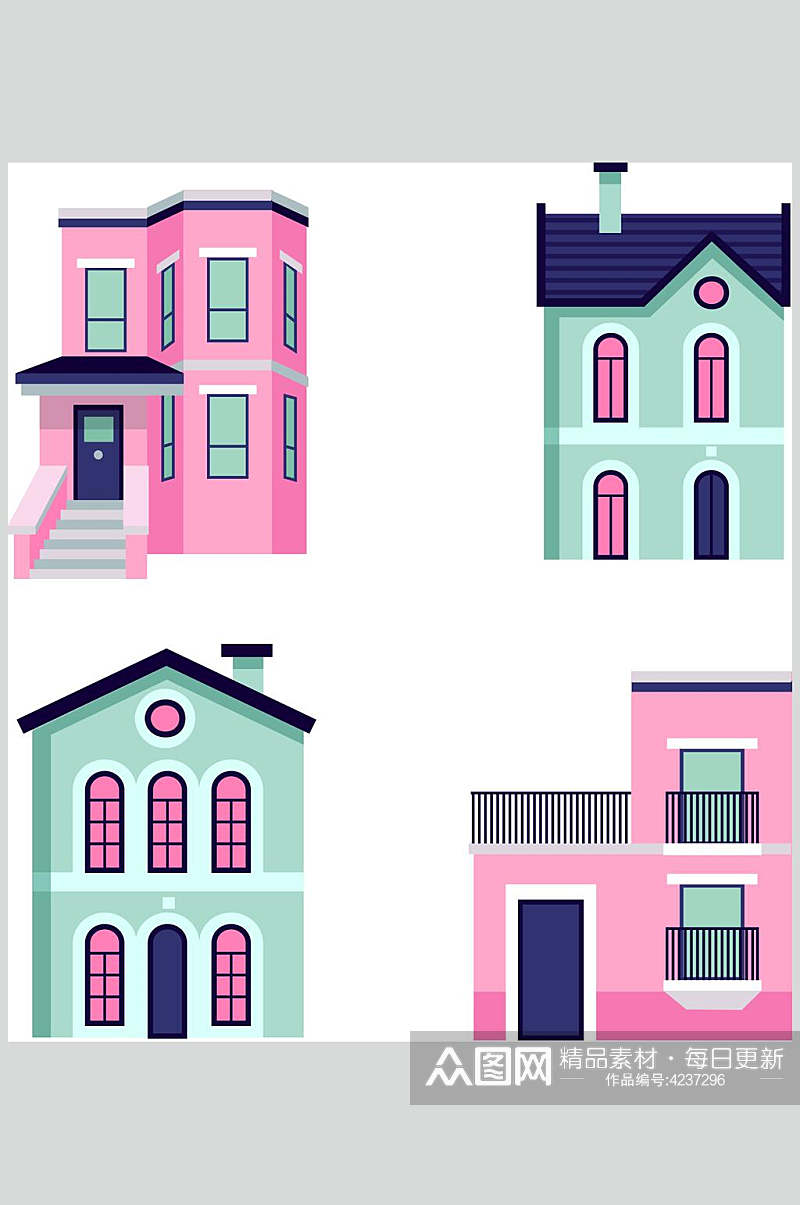 粉色大气卡通房子矢量素材素材