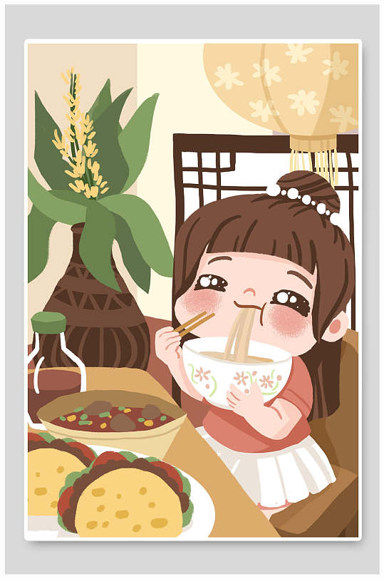 精美大气吃面条手绘美食插画