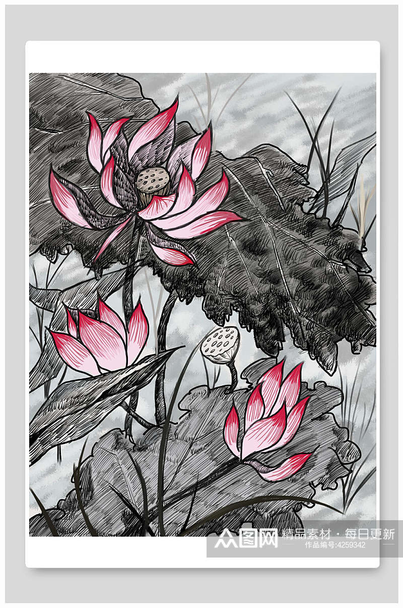黑白荷花中国风花卉插画素材