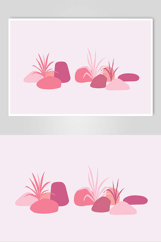 粉色植物石头抽象手绘图画矢量素材
