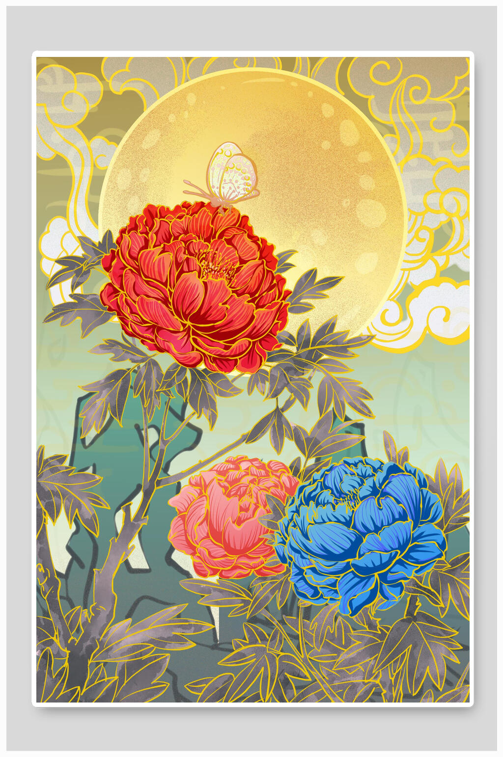 月亮中国风花卉插画素材