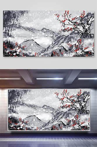 大气下雪中国风花卉插画