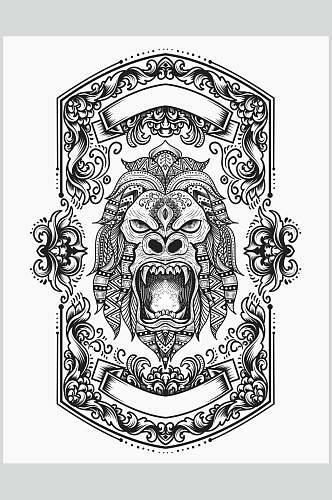 狮子黑白手绘复古装饰绘画矢量素材