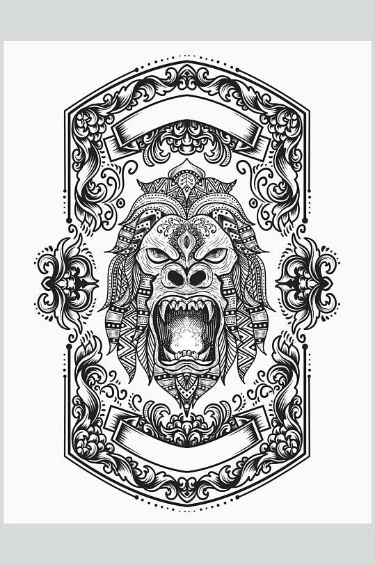 狮子黑白手绘复古装饰绘画矢量素材