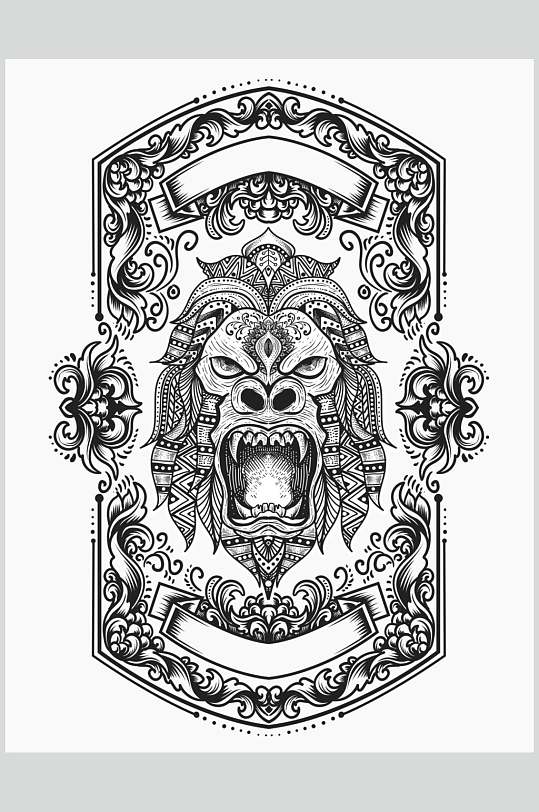 狮子黑白手绘复古装饰绘画矢量素材