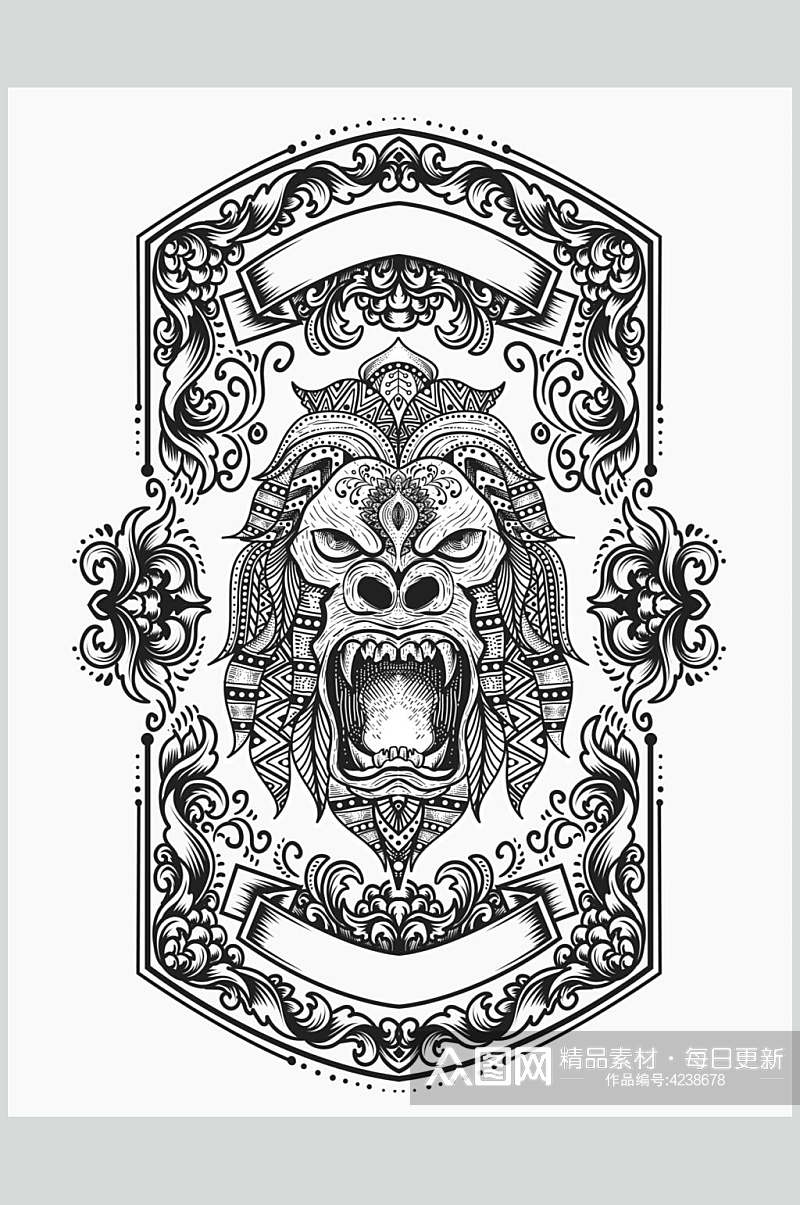 狮子黑白手绘复古装饰绘画矢量素材素材