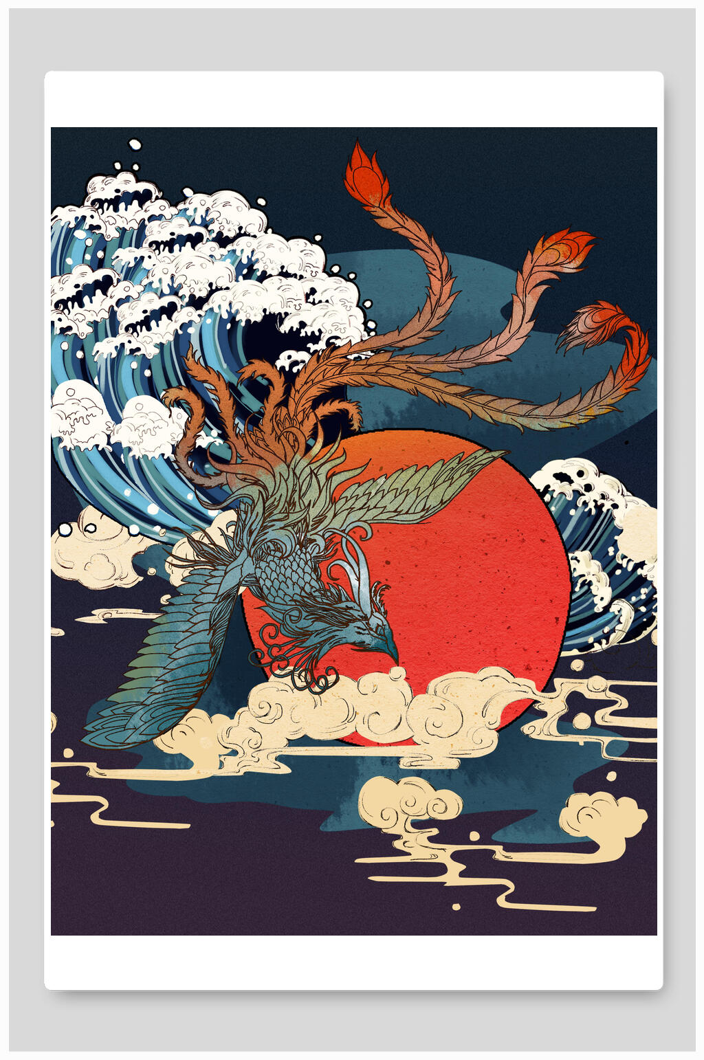 唯美大气祥云凤凰古代神话国潮插画素材