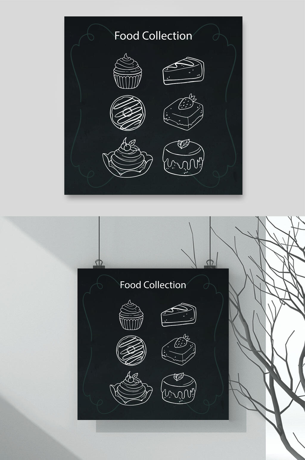 时尚线条黑白清新手绘食物矢量素材素材