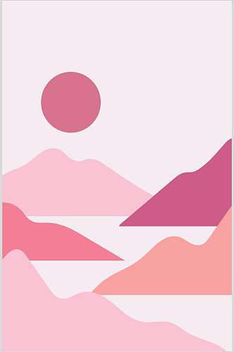 山峰粉色清新抽象手绘图画矢量素材