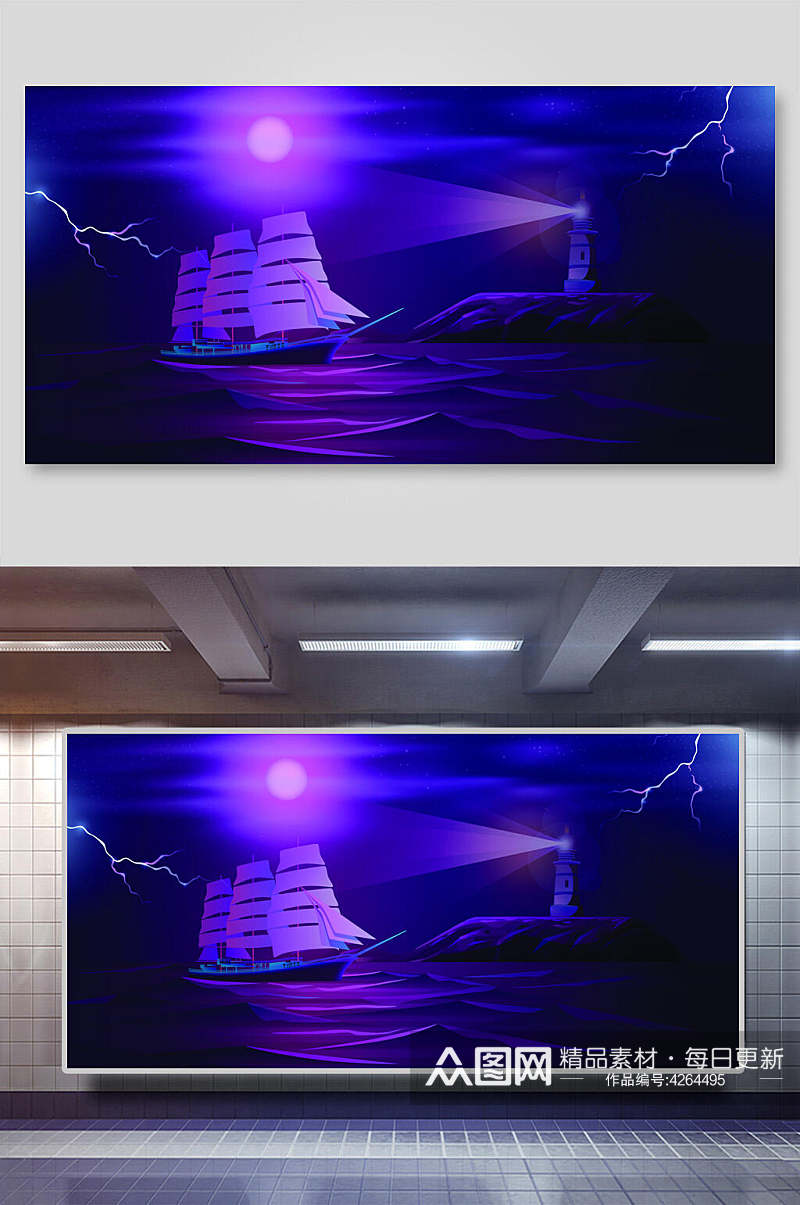船帆湖面紫海滨霓虹灯矢量背景素材