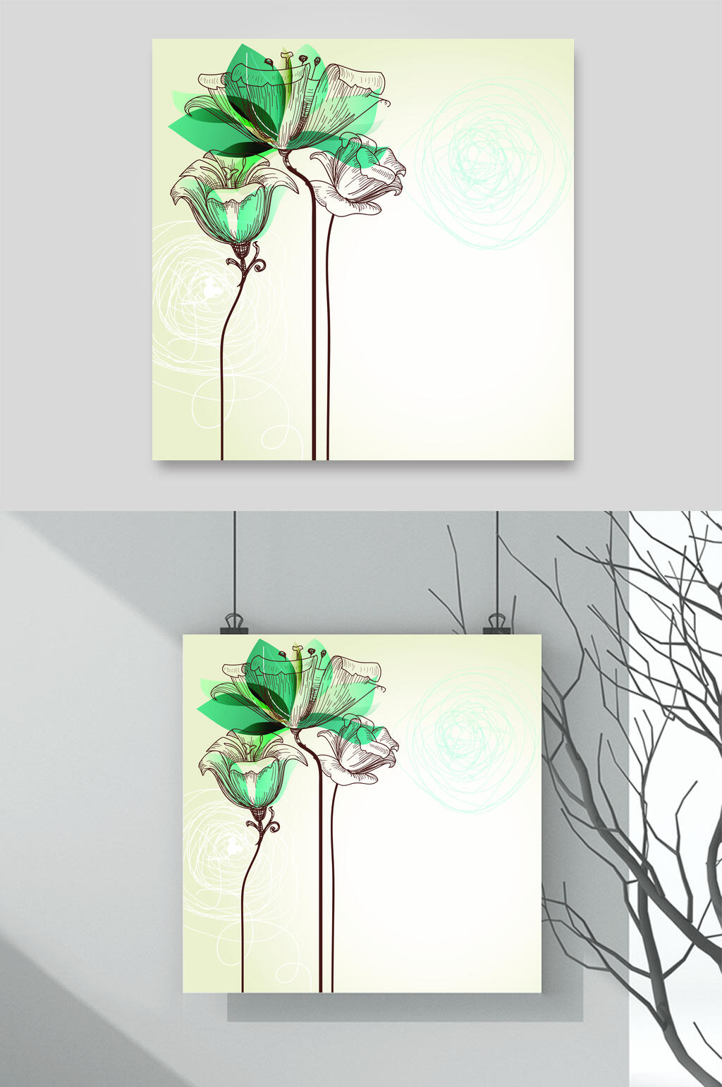 简约花朵黄绿传统古典绘画矢量素材素材