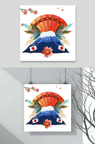 山峰花朵高端创意日式和风插画素材