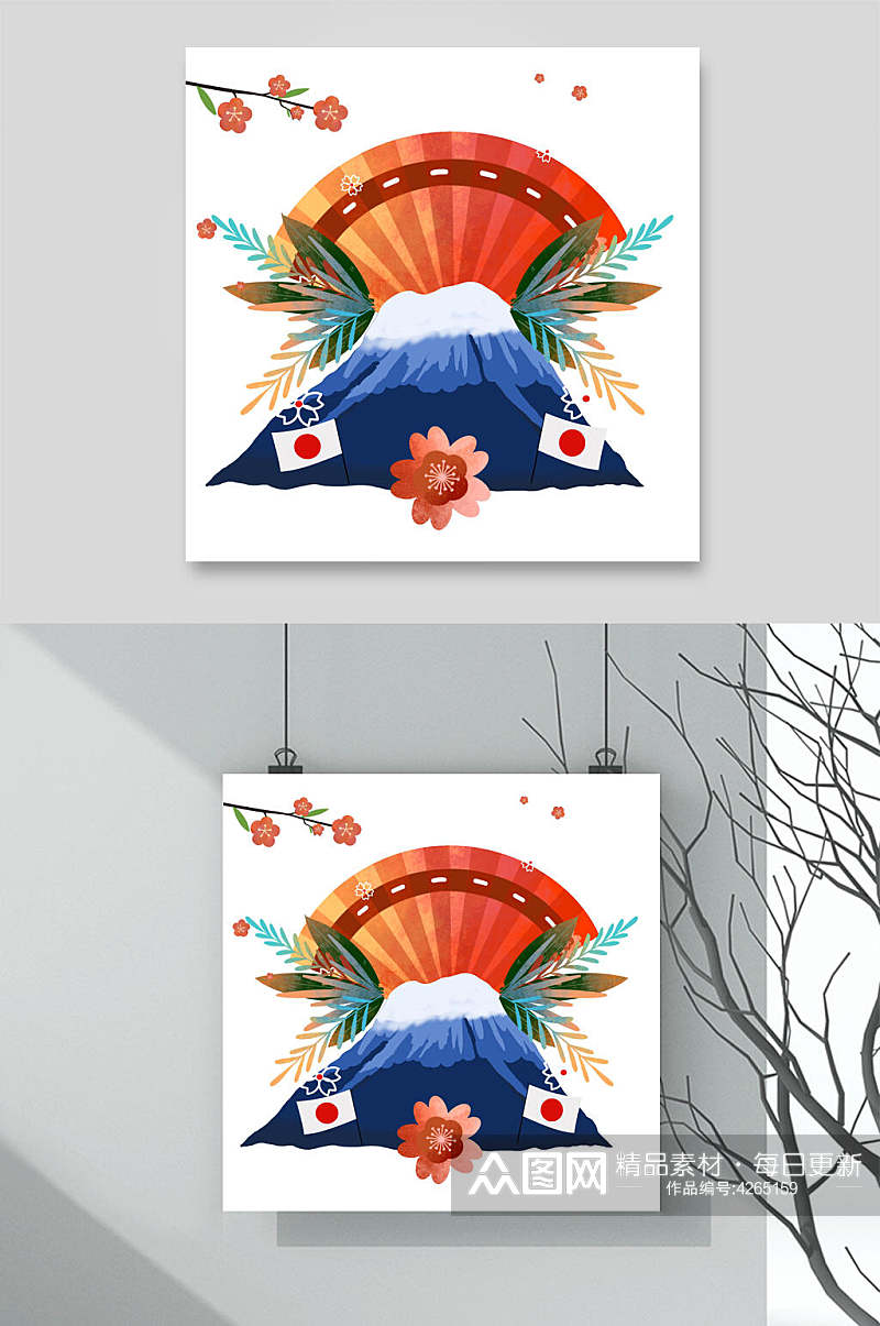 山峰花朵高端创意日式和风插画素材素材