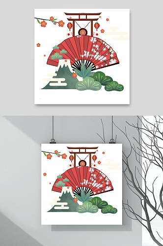 扇子红绿高端创意日式和风插画素材