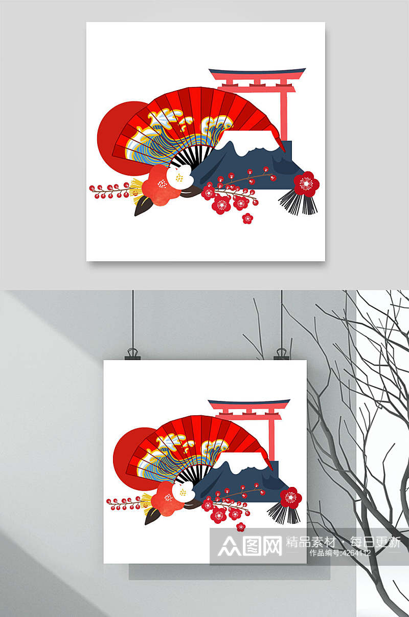 扇子红色高端创意日式和风插画素材素材