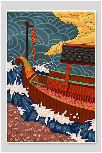 渔船日式插画