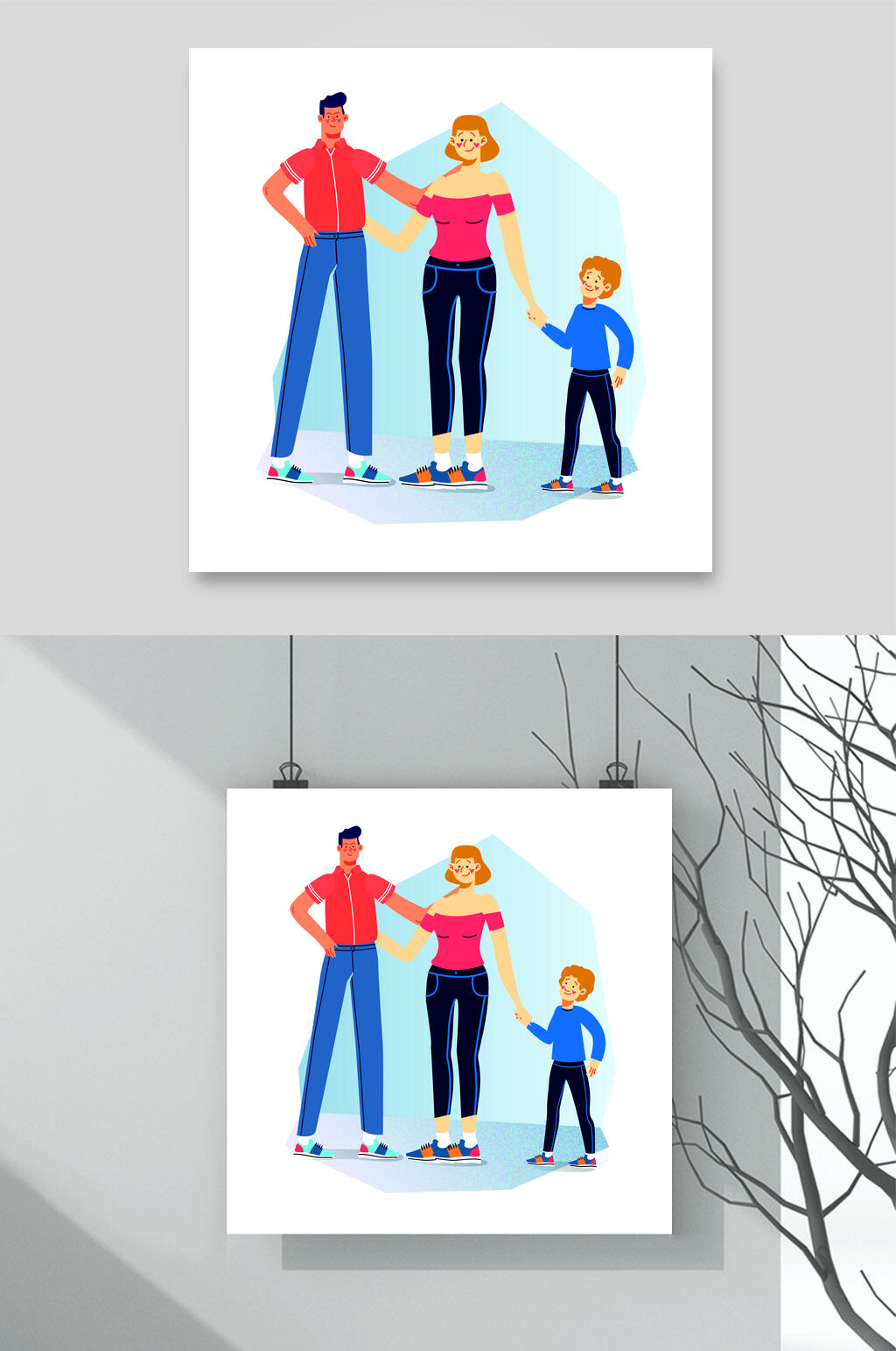 橙蓝清新亲子家庭扁平插画矢量素材素材