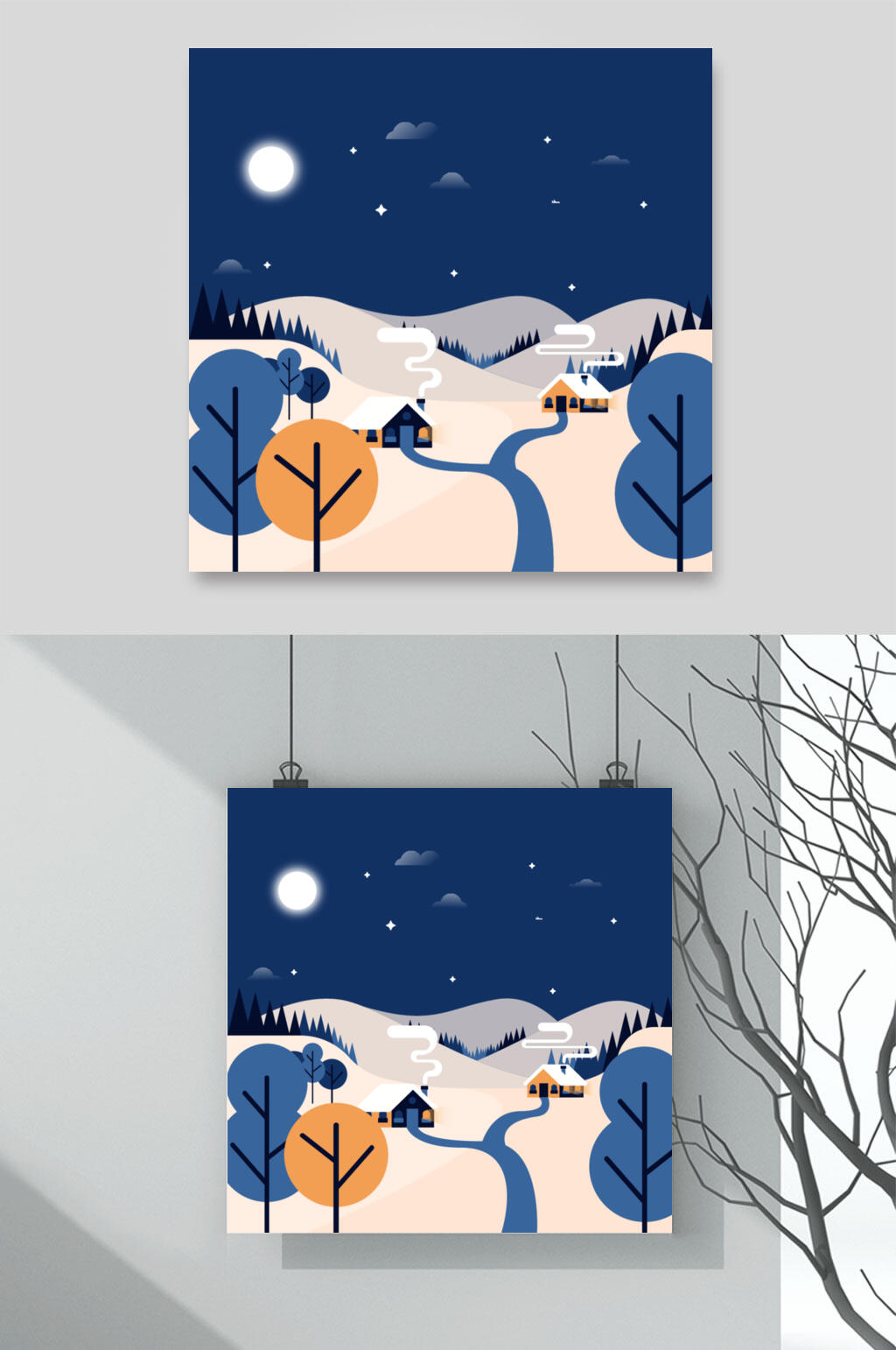 树木蓝黄清新冬天雪地插画矢量素材素材