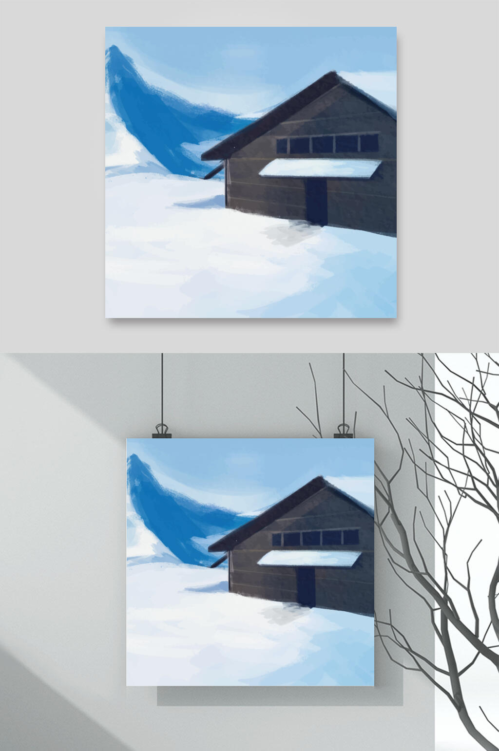 房子蓝色高端冬天雪地插画矢量素材素材