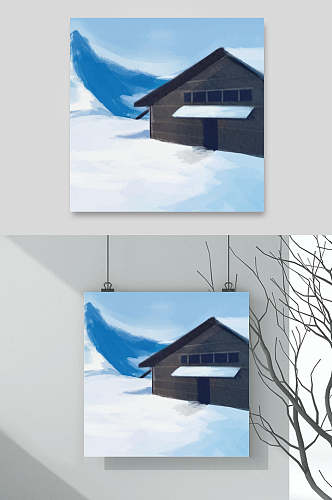 房子蓝色高端冬天雪地插画矢量素材