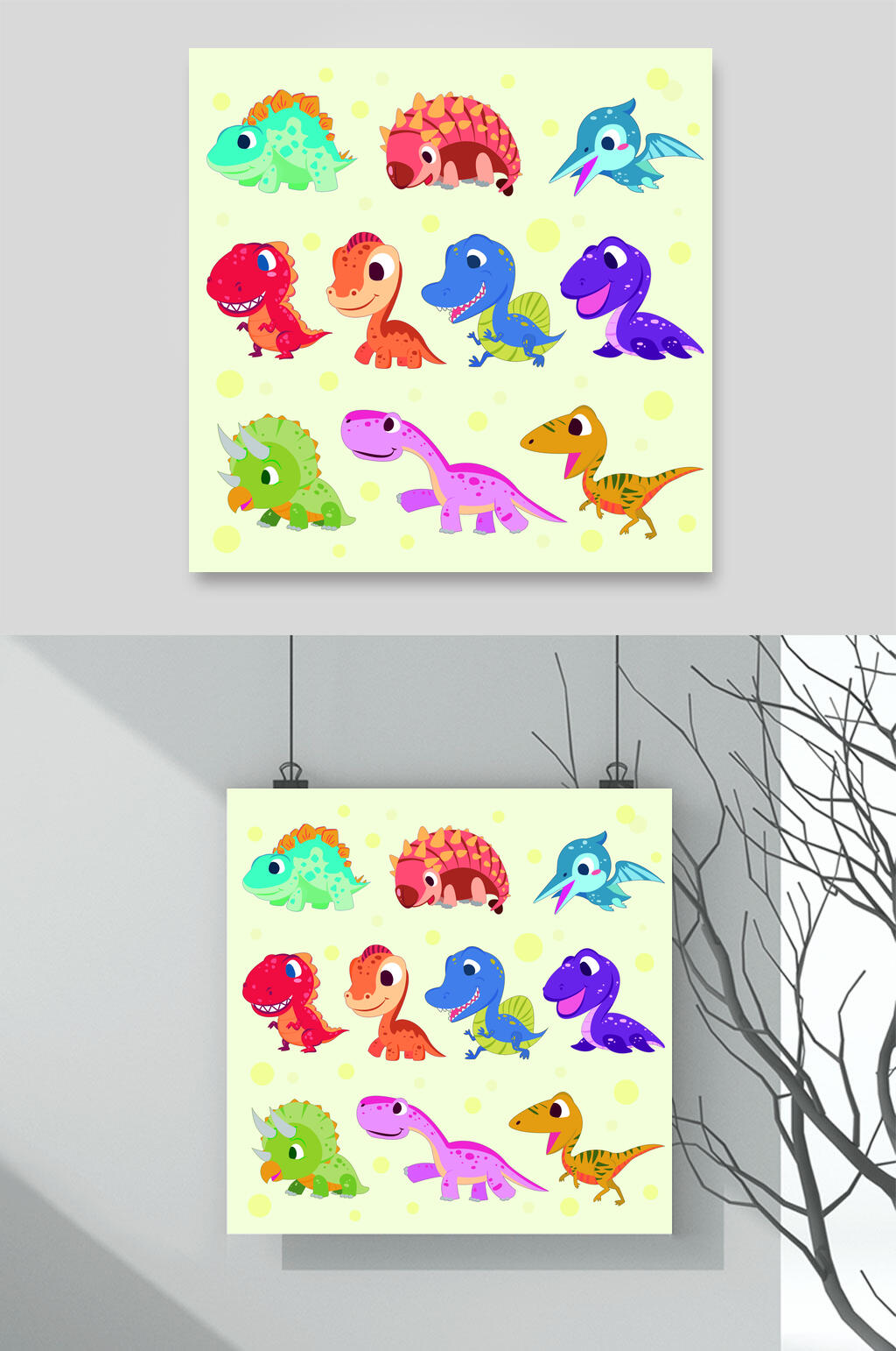 树枝手绘卡通矢量恐龙插画素材素材