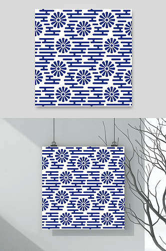 线条花朵蓝中国风纹理图案矢量素材