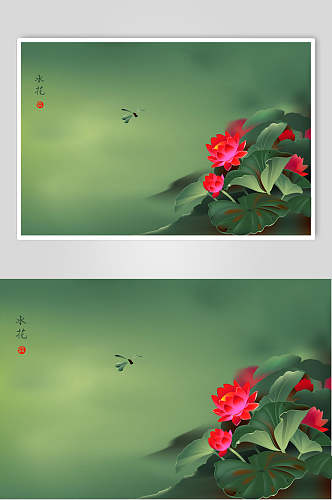 花朵绿红清新传统古典绘画矢量素材