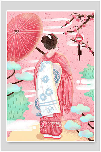 粉色创意手绘油纸扇花朵日式插画