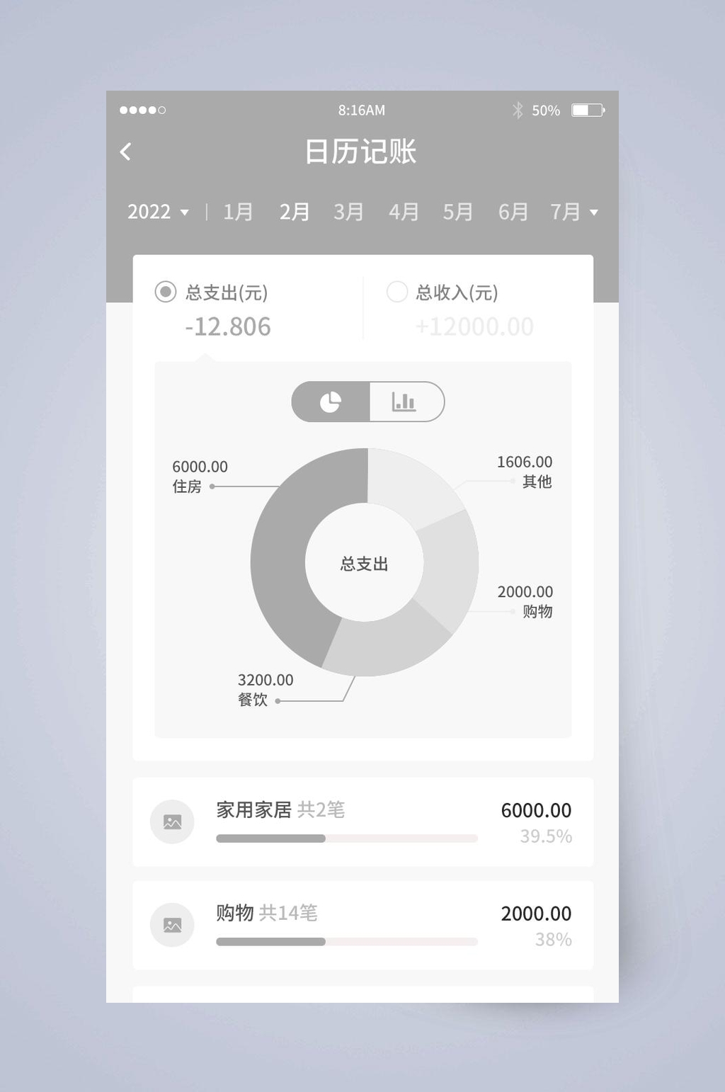 月份日历记账UI页面设计素材