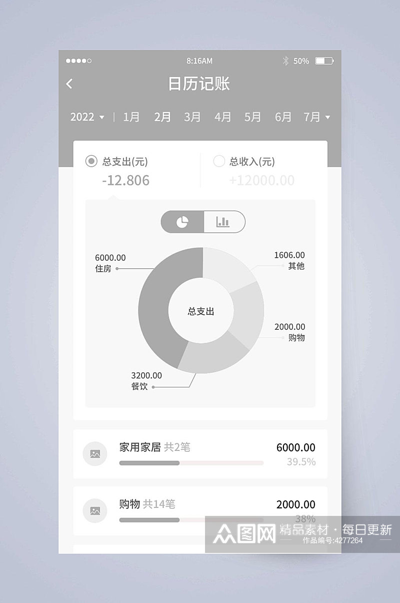 月份日历记账UI页面设计素材