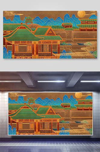 典雅大气高山国潮建筑插画