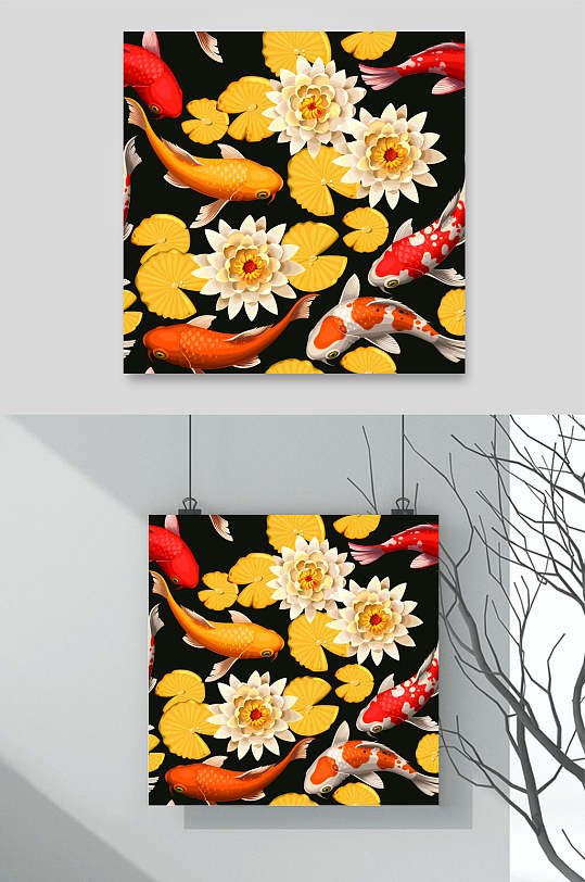 花朵锦鲤黑黄传统古典绘画矢量素材
