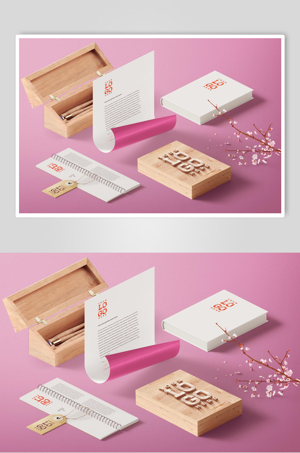 粉色花朵书本办公用品样机素材