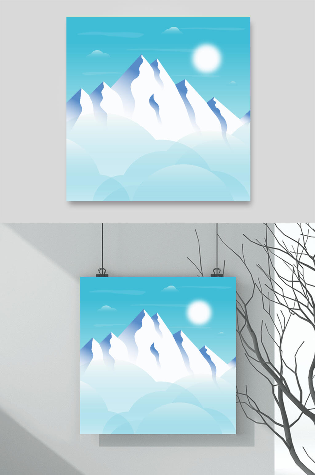 山峰绿色清新冬天雪地插画矢量素材素材