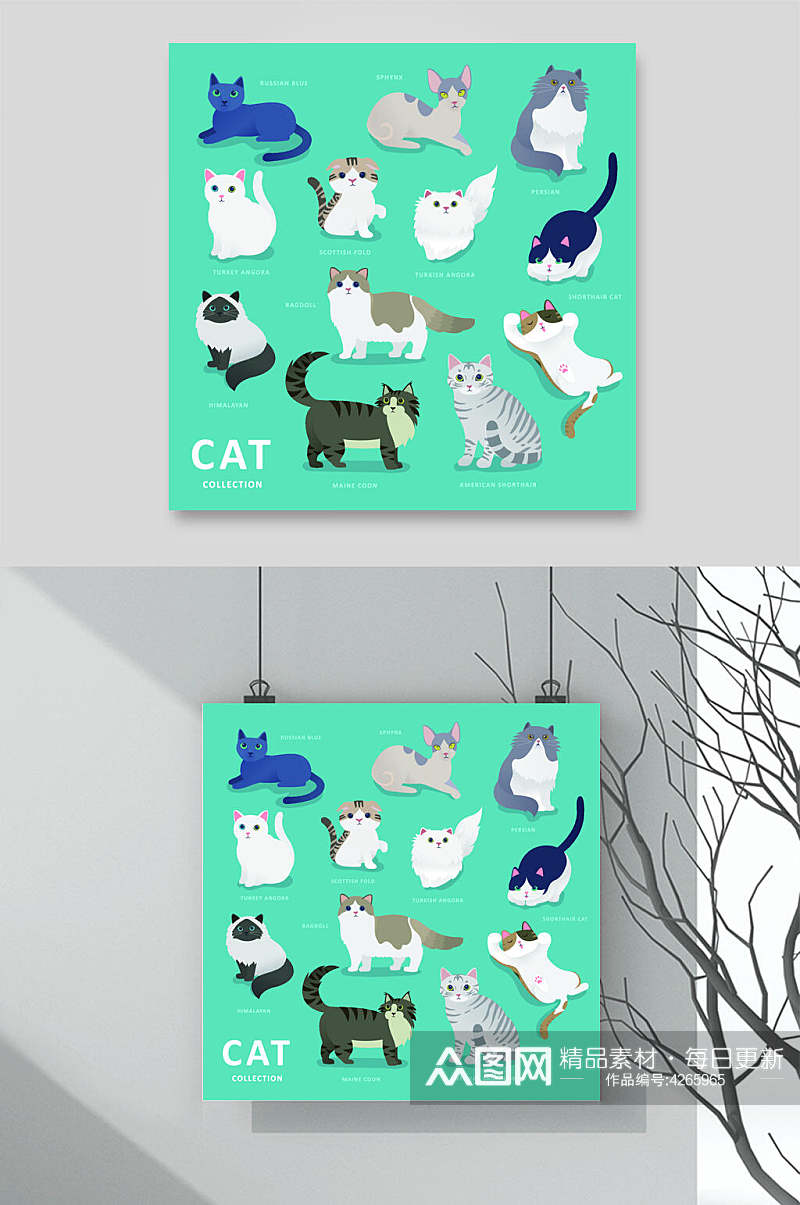 猫咪高端创意绿色卡通动物矢量素材素材