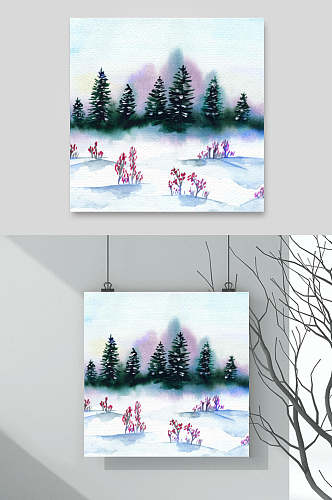树木蓝色清新冬天雪地插画矢量素材
