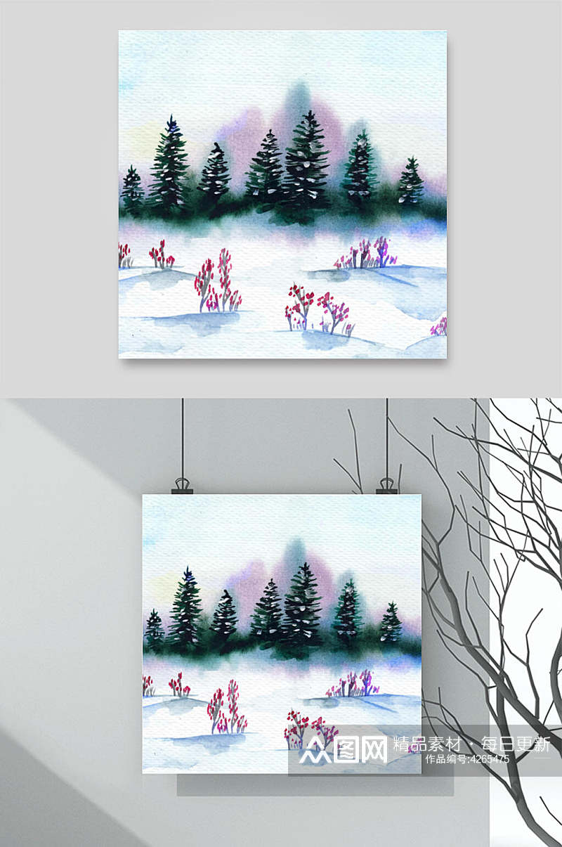 树木蓝色清新冬天雪地插画矢量素材素材