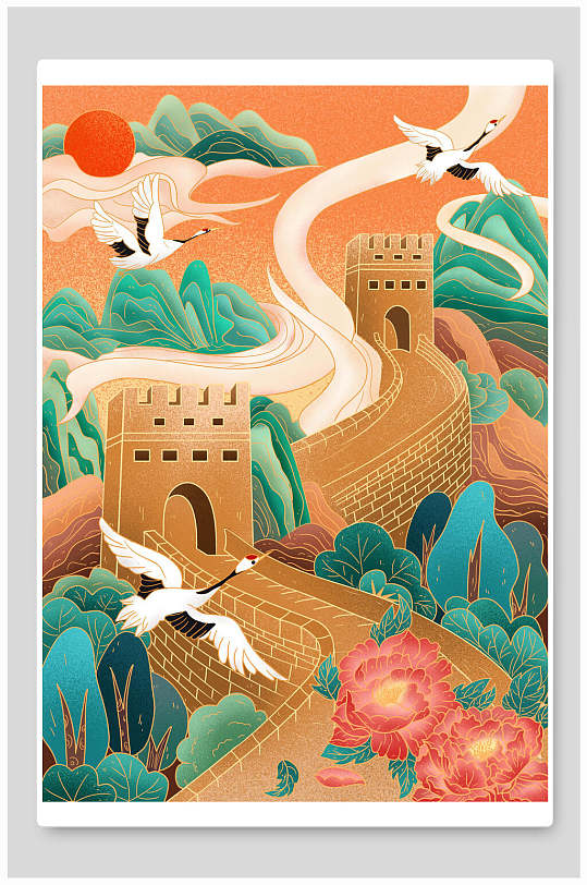 长城国潮建筑插画