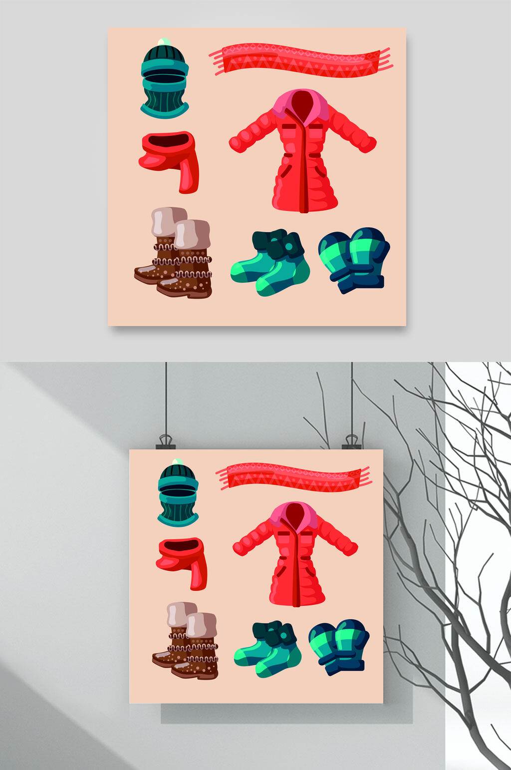 鞋子清新卡通保暖衣帽矢量插画素材素材