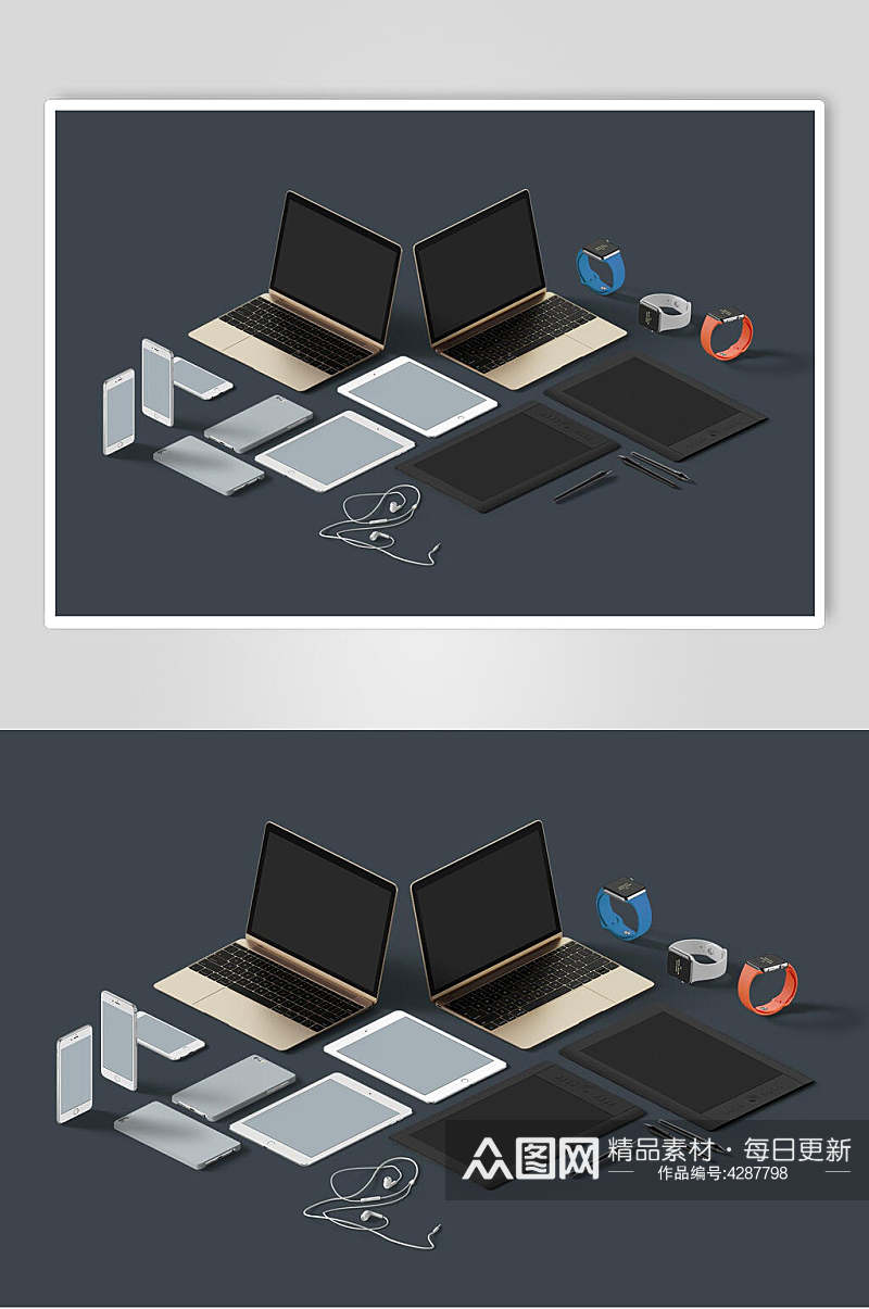 耳机线平板屏幕黑办公用品样机素材
