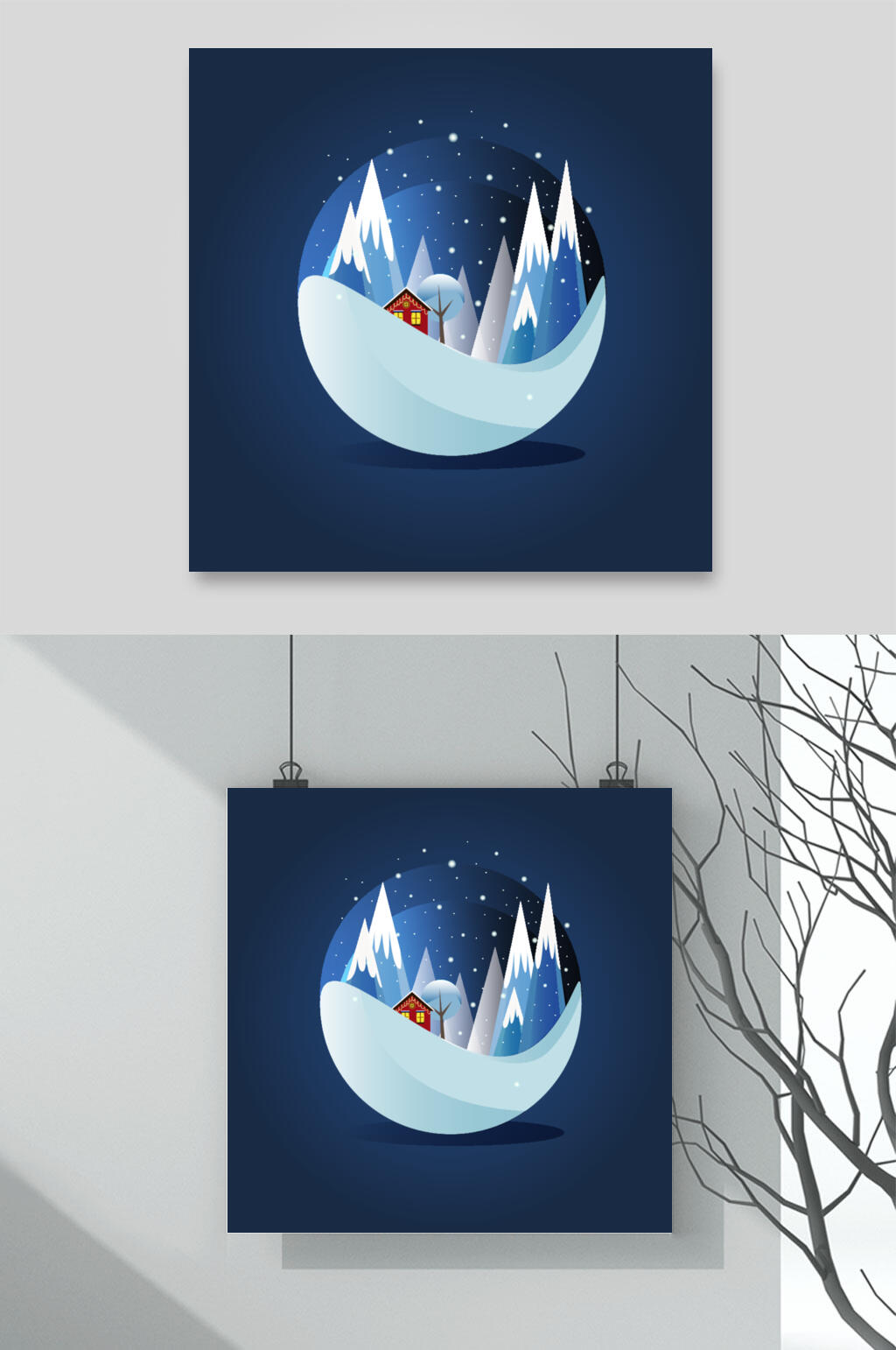 圆形蓝色清新冬天雪地插画矢量素材素材