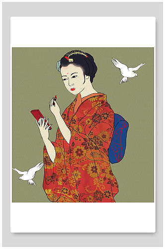 手绘卡通和服女人鸟兽日式插画