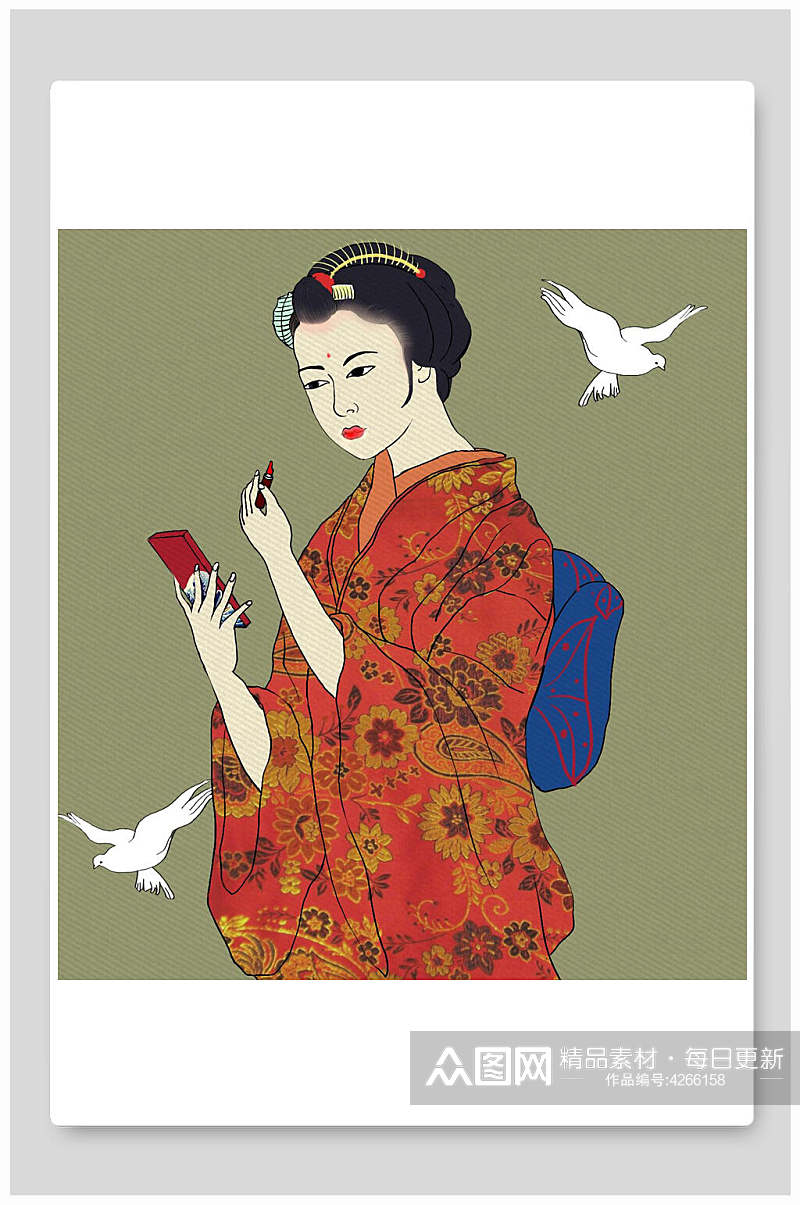手绘卡通和服女人鸟兽日式插画素材