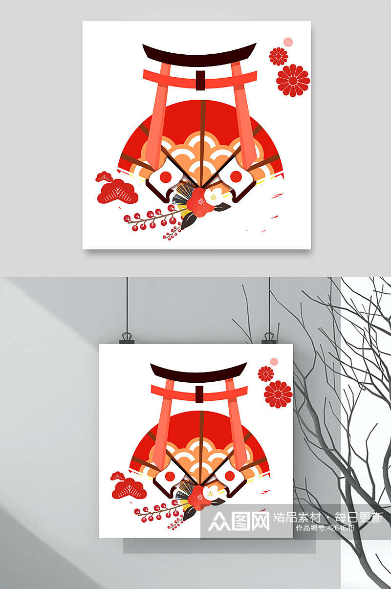 扇子红色高端创意日式和风插画素材素材