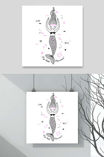 美人鱼北欧风卡通动物图案矢量素材